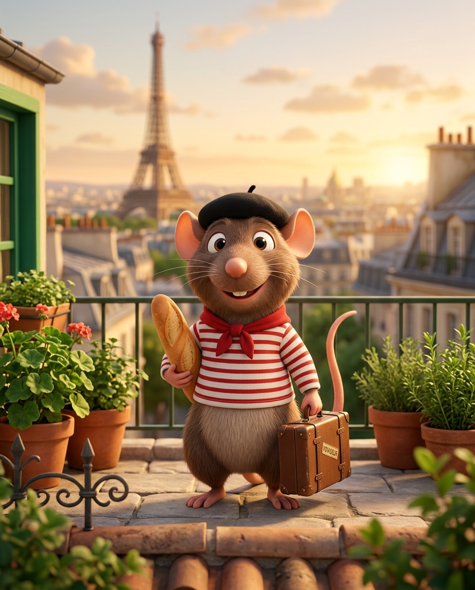 Mascotte RatZéro parisienne avec béret et baguette
